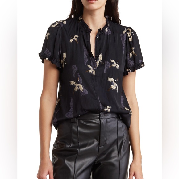 T Tahari, Airflow Ruffle Neck Top, Navy Bird Print, 1X - Picture 1 of 4